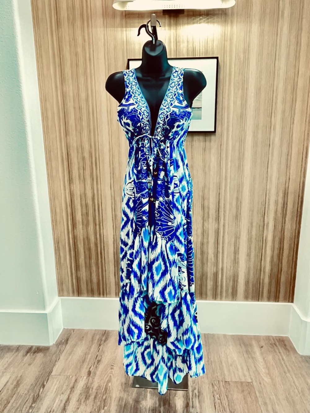 True Colours  by La Moda Sleeveless Blue Ikat V-Neck Maxi Dress with Tie Waist